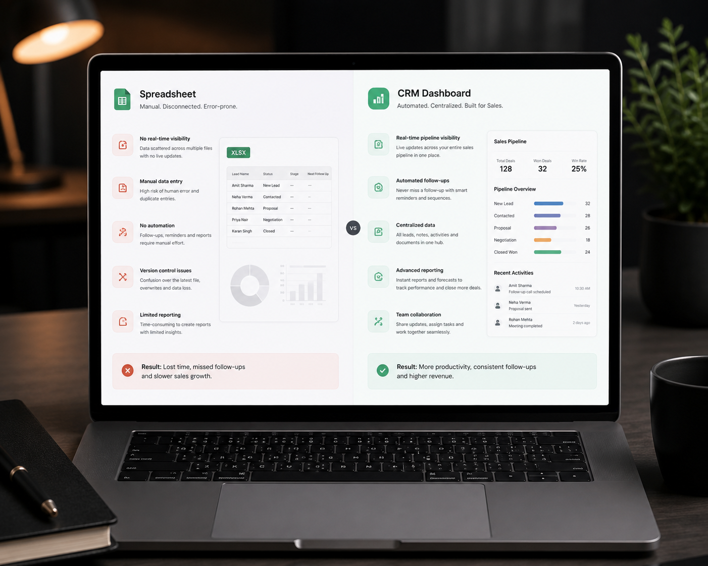 Side by side comparison of a spreadsheet and a CRM sales pipeline dashboard
