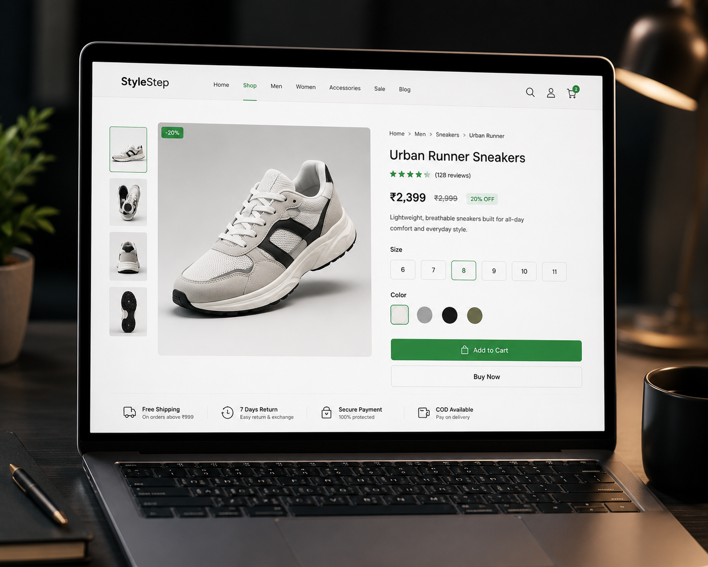 E-commerce product page optimized for search engines on a laptop screen