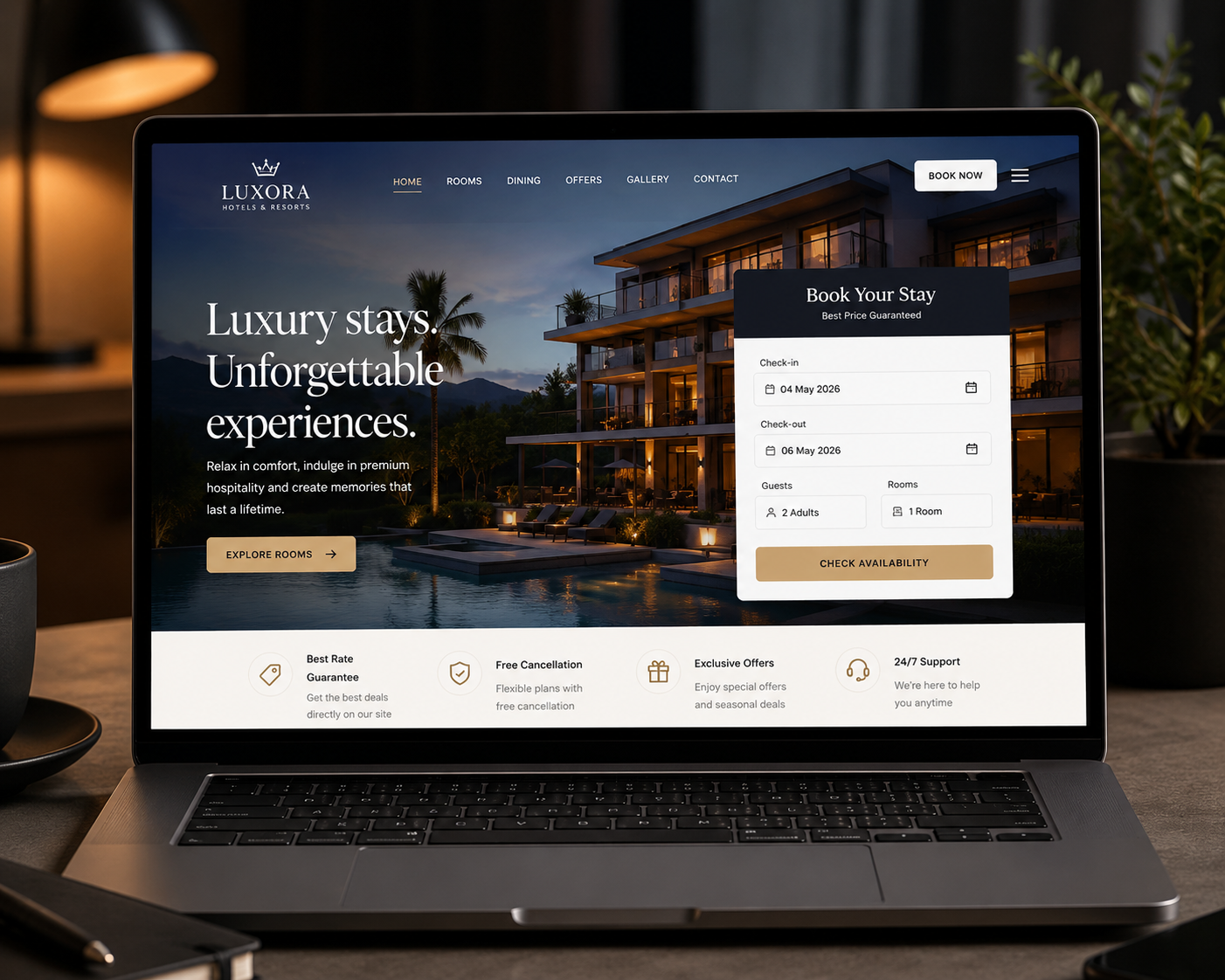 Hotel website homepage with an online room booking widget